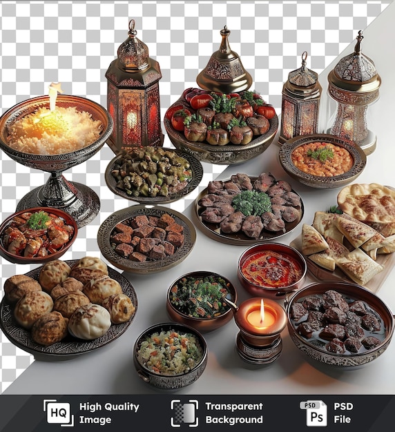 透明な背景に様々な鉢ろうそく皿が描かれている隔離されたラマダン・スフール食事