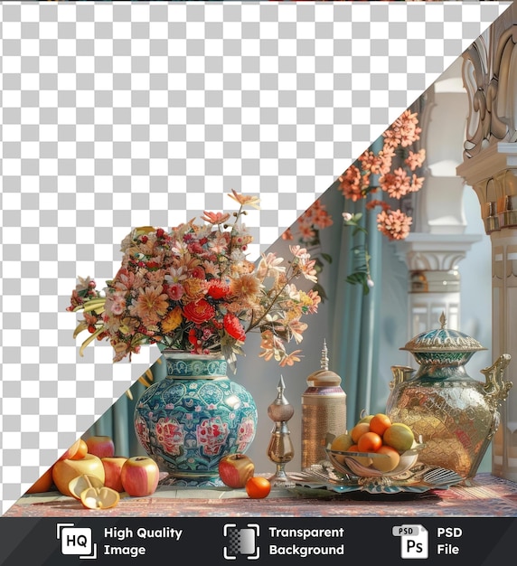 PSD sfondo trasparente con dishdasha tradizionale di ramadan isolato e fiori in un vaso blu