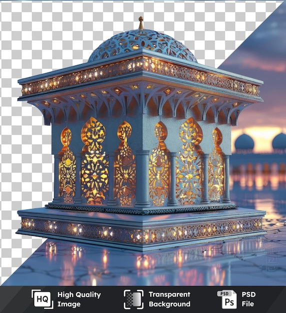 PSD sfondo trasparente con design kufi tradizionale di ramadan isolato con un edificio blu e un tetto contro un cielo blu con una luce accesa in primo piano