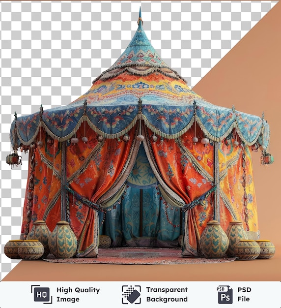 PSD transparent background with isolated ramadan traditional tent and blue vases