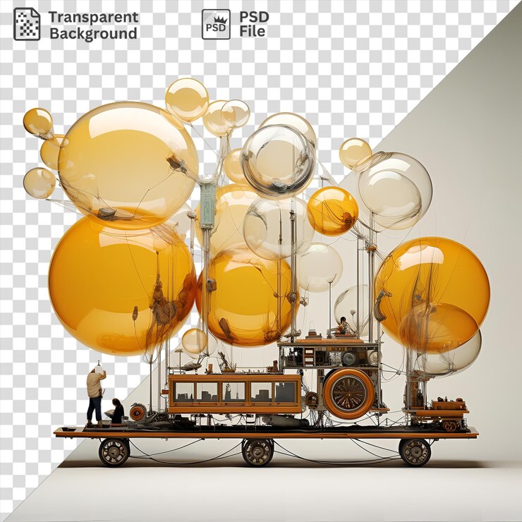 PSD transparent background with isolated realistic kinetic artists mobile featuring a large yellow ball