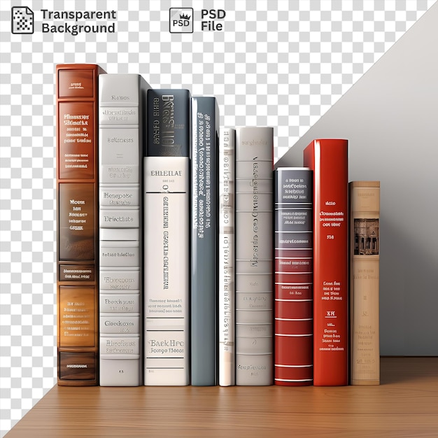 PSD transparent background with isolated realistic photographic linguists dictionaries displayed on a wooden table against a white wall surrounded by a collection of books in various colors and styles