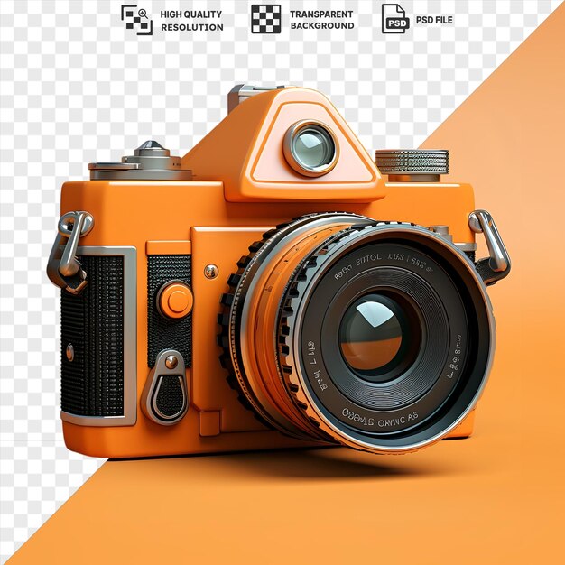 PSD transparent background with isolated realistic photographic photographers camera featuring a white shadow and an orange and black camera