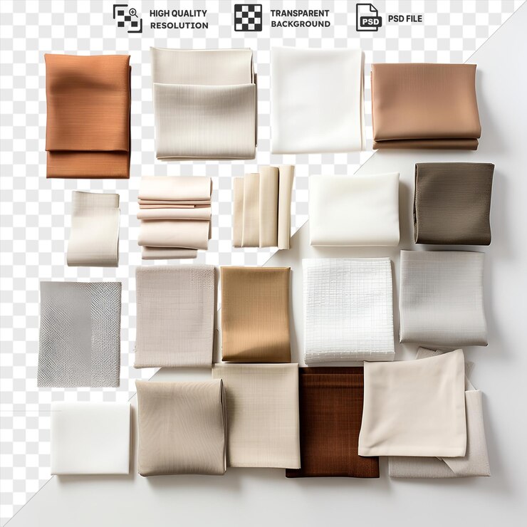 PSD transparent background with isolated realistic photographic upholsterers fabric samples on a transparent background accompanied by a folded white napkin