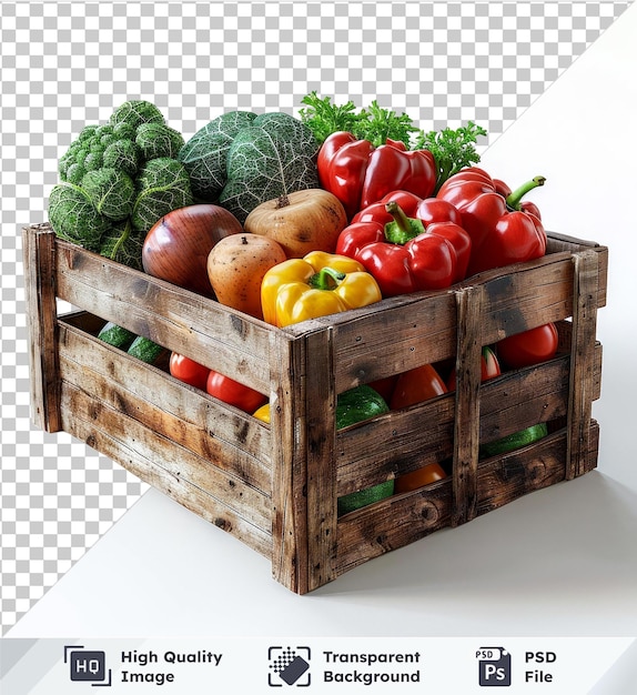 PSD transparent background with isolated red and yellow peppers green broccoli in a wooden box 79
