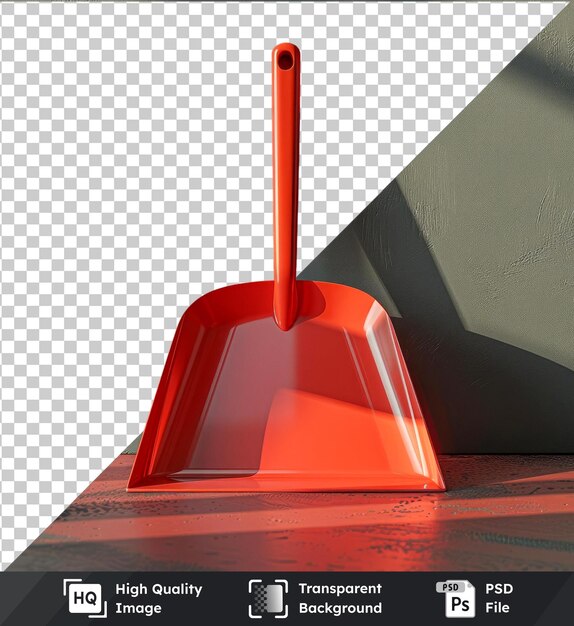 PSD transparent background with isolated redbased dustpan on red table casting black shadow against