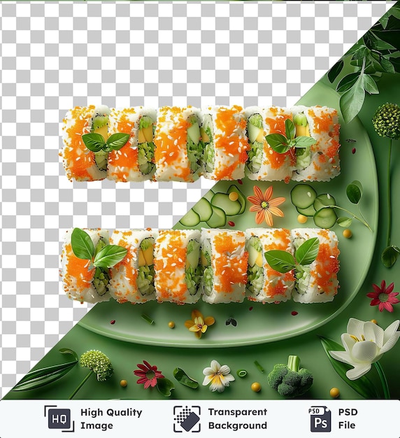 PSD transparent background with isolated sarma sushi and flowers on a green table the scene includes a variety of colorful flowers including red orange yellow and white blooms as well