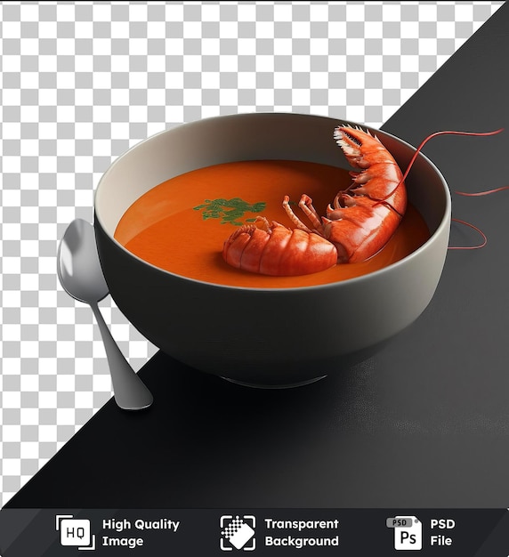 PSD transparent background with isolated savory lobster bisque served in a white bowl accompanied by a silver spoon