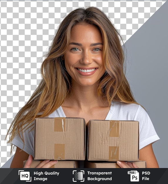 Transparent background with isolated smiling businesswoman is holding a lot of big cardboard boxes