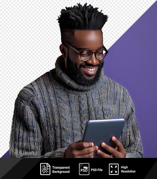 PSD transparent background with isolated smiling man browsing on a tablet online networking on the internet and scrolling on an app while standing happy mature and african male reading an email png psd