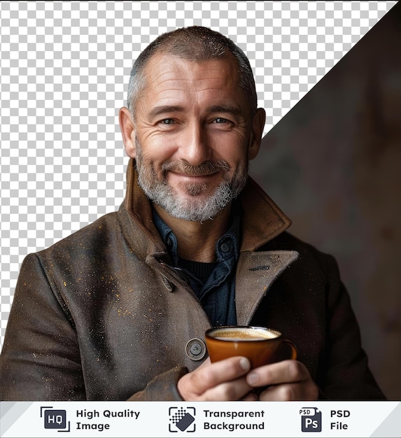 PSD transparent background with isolated a smiling middle aged man holding a cup of coffee wearing a brown jacket and blue shirt with a gray beard short hair and large nose his features include a