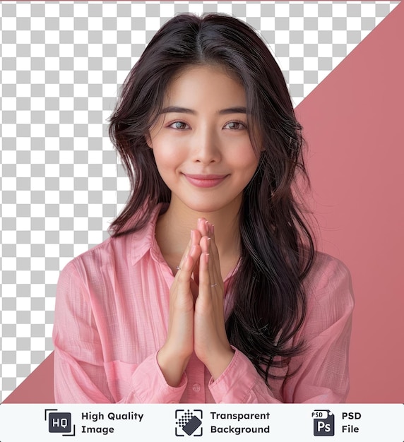 Прозрачный фон с изолированной улыбающейся молодой азиатской женщиной в розовой рубашке хлопает в руки и смотрит на камеру против розовой стены, демонстрируя свои коричневые глаза, нос и волосы
