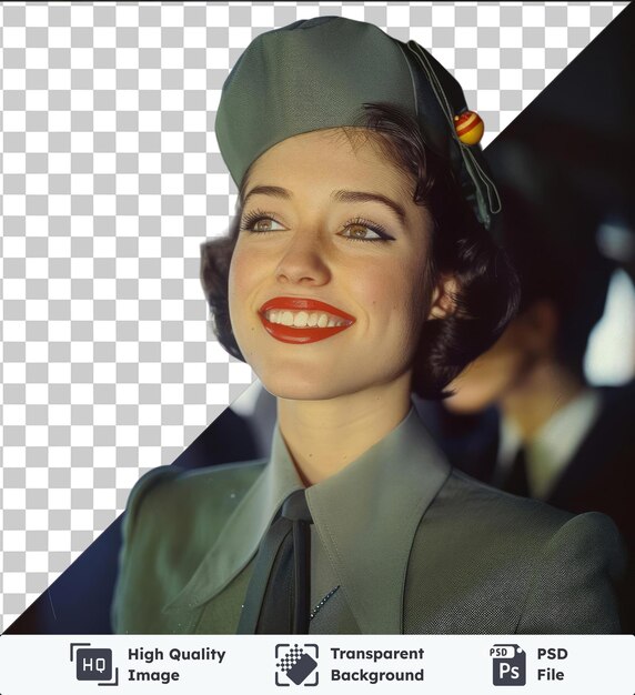 PSD transparent background with isolated stewardess in uniform wearing a black tie and green hat with brown eyes eyebrows and nose and a small ear visible