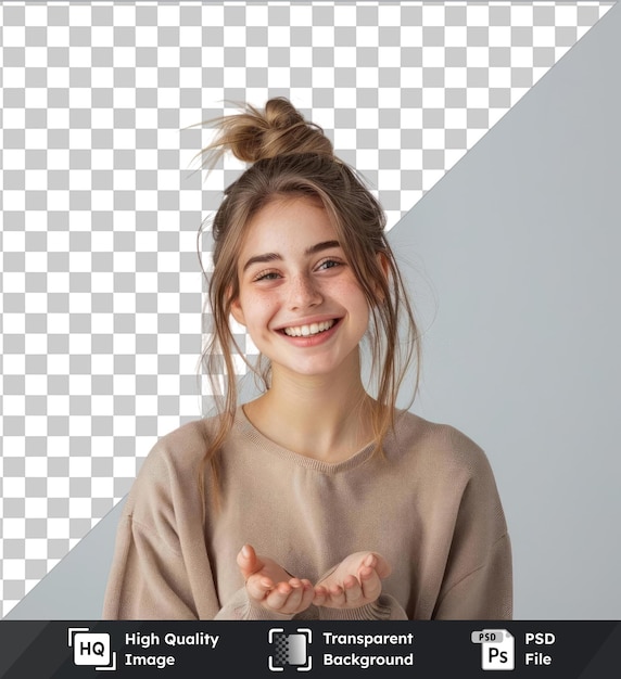 PSD カメラに何かを見せて微笑んでいる幸せな若い美しい女性の孤立したスタジオショットの透明な背景