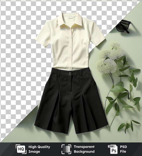 PSD transparent background with isolated summer fashion set featuring a white shirt black skirt and black glasses complemented by a white flower and green plant