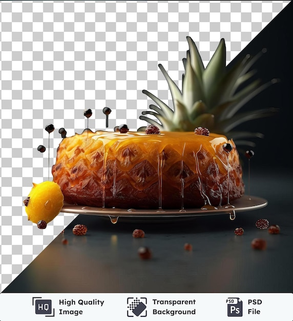 PSD transparent background with isolated sweet pineapple upside down cake on a plate