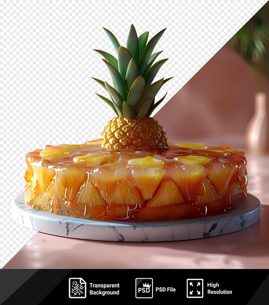 Transparent background with isolated sweet pineapple upside down cake on a white plate placed on a pink table with a white vase in the foreground