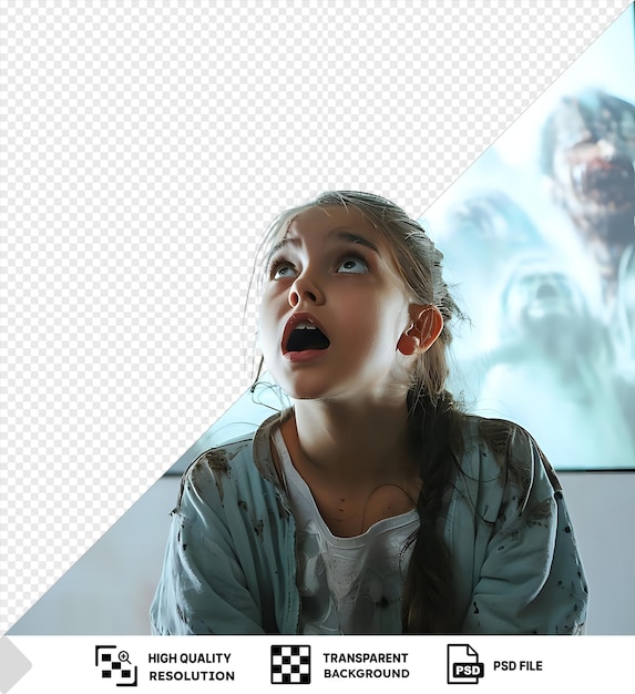 PSD transparent background with isolated terrified girl watching an invisible horror movie scene png