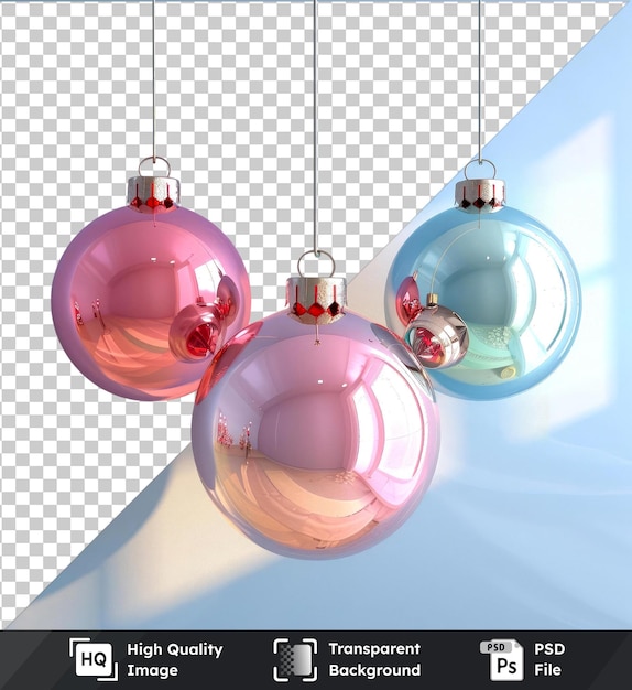 PSD transparent background with isolated three christmas balls mockup hanging from the ceiling