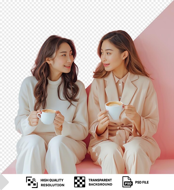 PSD 透明的背景与孤立的两个年轻的办公室工人享受他们的咖啡休息一个