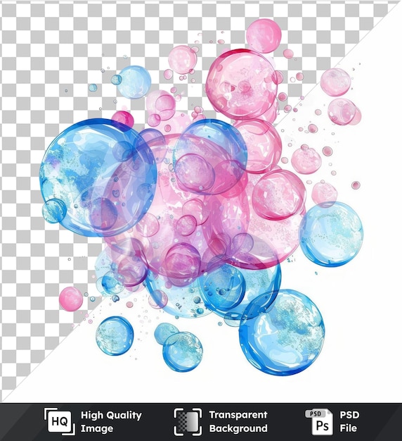 PSD transparent background with isolated vector bubble clusters symbol transparent aqua pink blue bubbles floating in the air