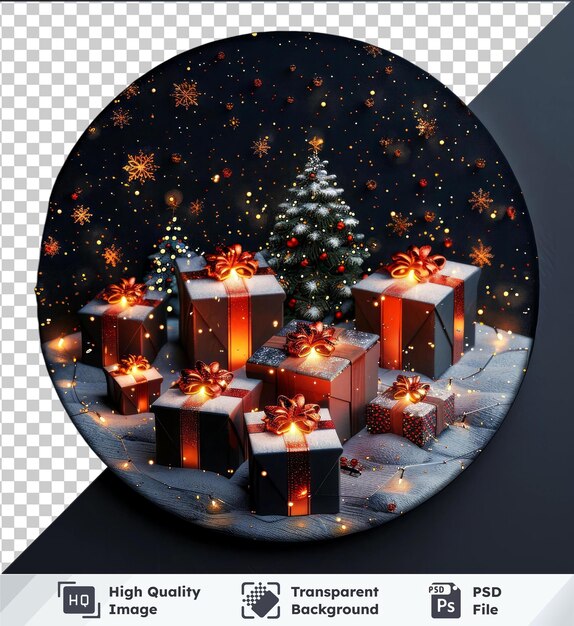 PSD transparent background with isolated vertical a round card with gifts and christmas decorations mockup