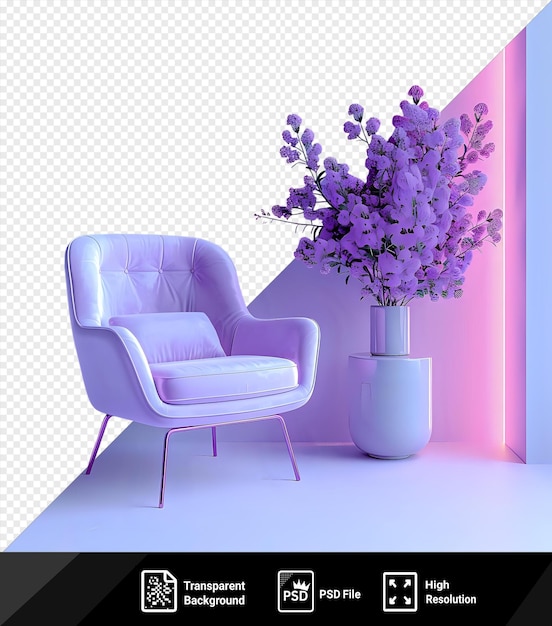 Прозрачный фон с изолированными фиолетовыми цветами в белой вазе, сопровождаемой розовым и белым стулом и металлической ногой на фиолетовой стене png psd