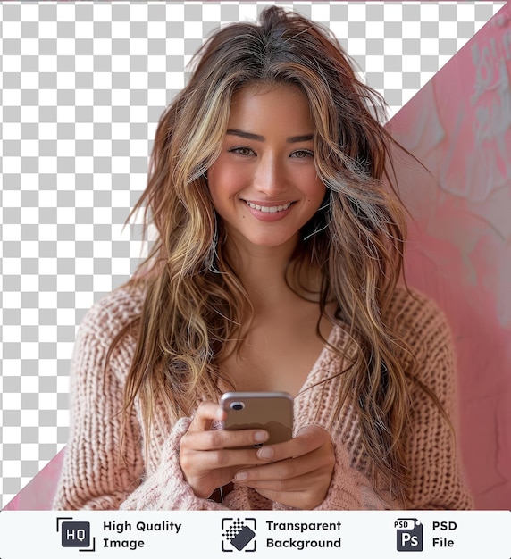 PSD transparent background with isolated a woman smiling and holding a phone with the words hello hello hello hello hello hello hello hello hello hello hello hello