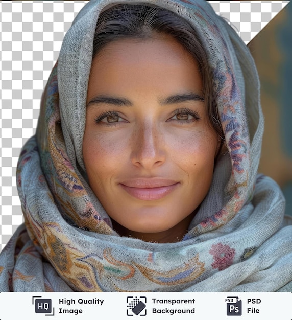 Sfondo trasparente con donna isolata che sorride e indossa una sciarpa grigia e blu che mostra i suoi occhi marroni, il naso e le sopracciglia