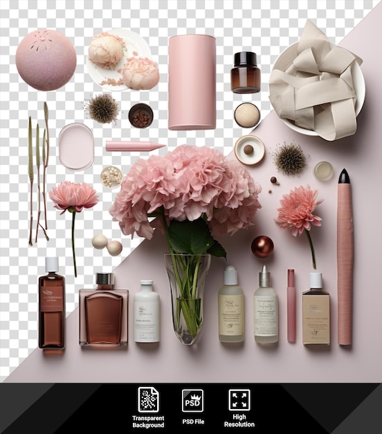 PSD transparent background with isolated world cancer day set s pink flowers white bottles a round white plate and a brown bottle on a pink and white wall