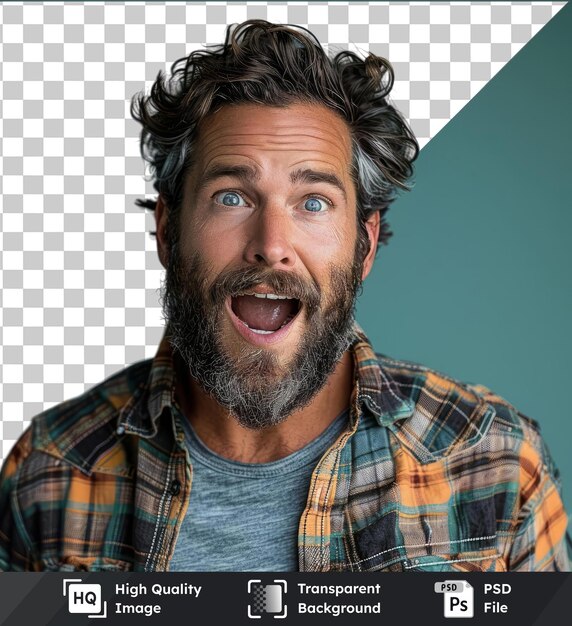PSD transparent background with isolated wow portrait of surprised handsome bearded man in casual style standing and looking at camera with open mouth and unbelievable face indoor studio shot
