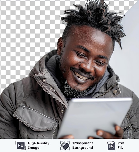 PSD sfondo trasparente con giovane uomo africano isolato che sorride guardando la tavoletta sullo sfondo isolato
