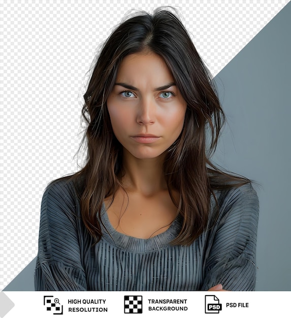 PSD transparent background with isolated young brunette woman angry and looking at the camera