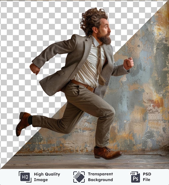 PSD transparent background with isolated young business man running in front of an old wall wearing a white shirt brown belt and brown shoes with curly hair and a hand visible in the foreground