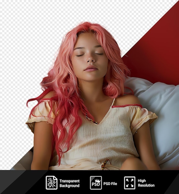 PSD transparent background with isolated young girl with pink hair in bed looking sleepy png psd