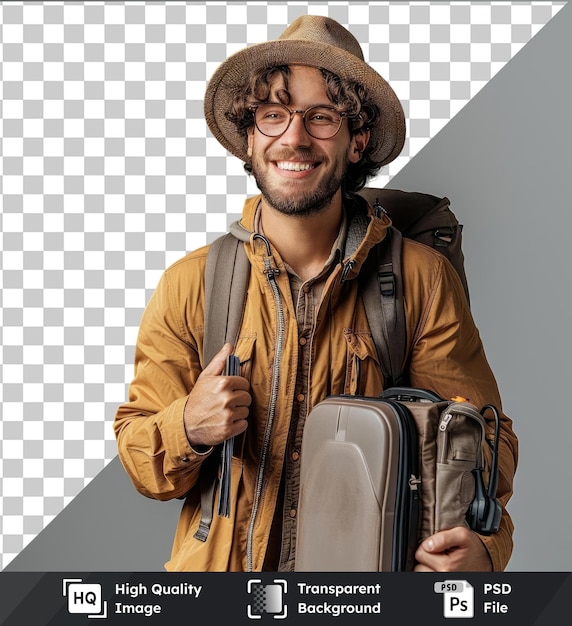 PSD Прозрачный фон с изолированным молодым красивым мужчиной в отпуске с туристическим чемоданом и паспортом в коричневой куртке, соломенной шляпе и коричневых очках, стоящим перед серой и белой стеной
