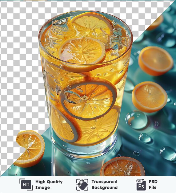 Sfondo trasparente con limonata di yuzu isolata e arance in un bicchiere