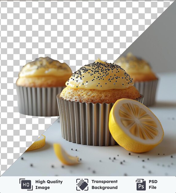 Transparent background with isolated zesty lemon poppy seed muffins on a transparent background accompanied by a small white cupcake and a yellow lemon