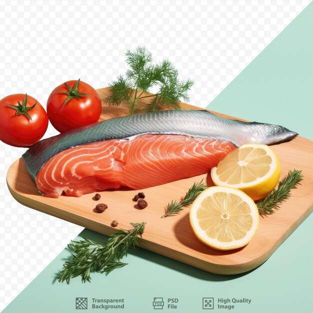 Sfondo trasparente con limone salmone e pomodori