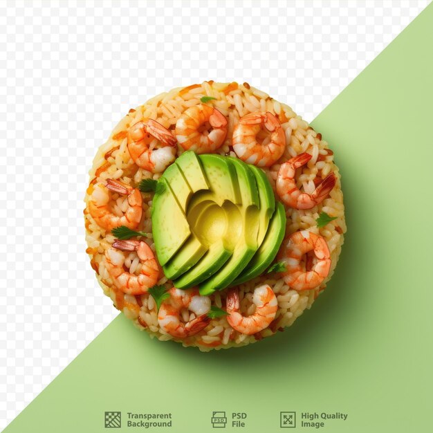 PSD transparent background with top view of shrimp and avocado on puffed rice cake