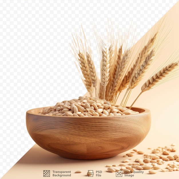 PSD transparent background with wooden bowl holding raw wheat