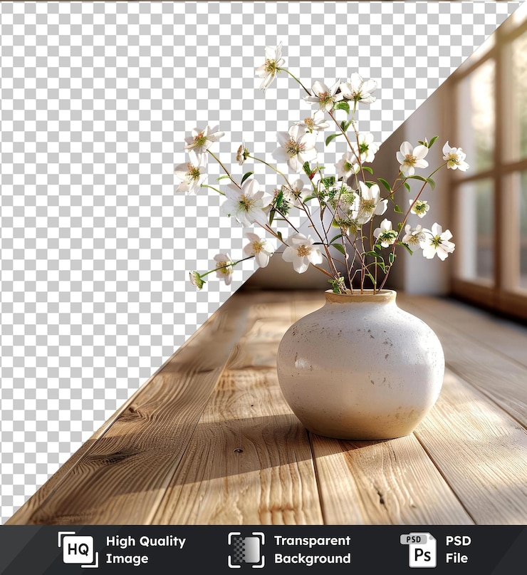 PSD transparent background with wooden vase white flowers brown pillow wood table white wall and glass
