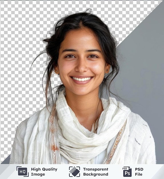 PSD 투명한 배경 젊은 인도 여성이 갈색 눈과 머리카락으로  스카프를 입고 미소 짓고 있습니다.
