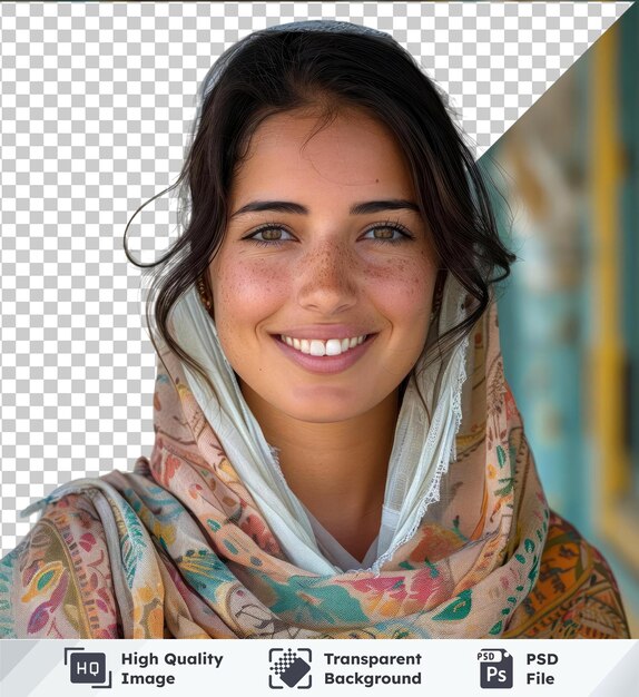 PSD transparent background young indian woman smiling in white scarf with brown eyes and hair