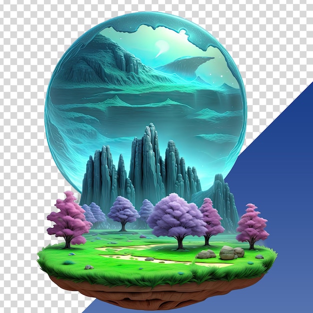 A transparent ball with trees and a mountain in the background