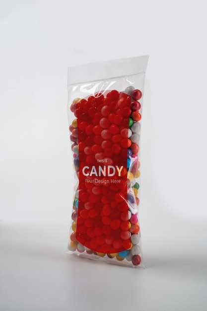 PSD transparent blank standing pouch candy mockup for snack and other product