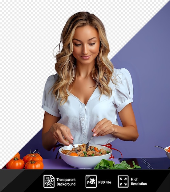 PSD Прозрачная блондинка готовит еду на кухне с белой миской и серебряной ложкой на синем столе против фиолетовой стены в белой рубашке и с длинными светлыми волосами png