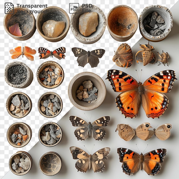 Прозрачный набор для сбора и сохранения бабочек с различными красочными бабочками, включая оранжево-коричневые черные и коричневые и черные бабочки, а также небольшую миску и белую миску