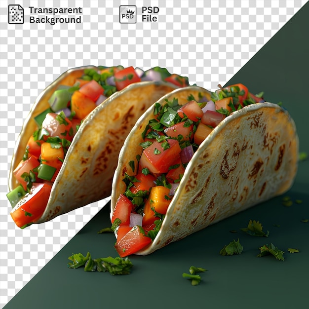 Transparent chicken tacos topped with a variety of colorful vegetables including red and orange carrots served on a tortilla