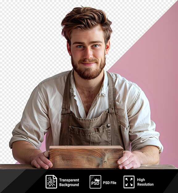 Transparent concentrated young serviceman wrapping the wooden tabletop in front of a pink wall wearing a brown apron and white shirt with a brown beard and hair and a blue eye while png psd